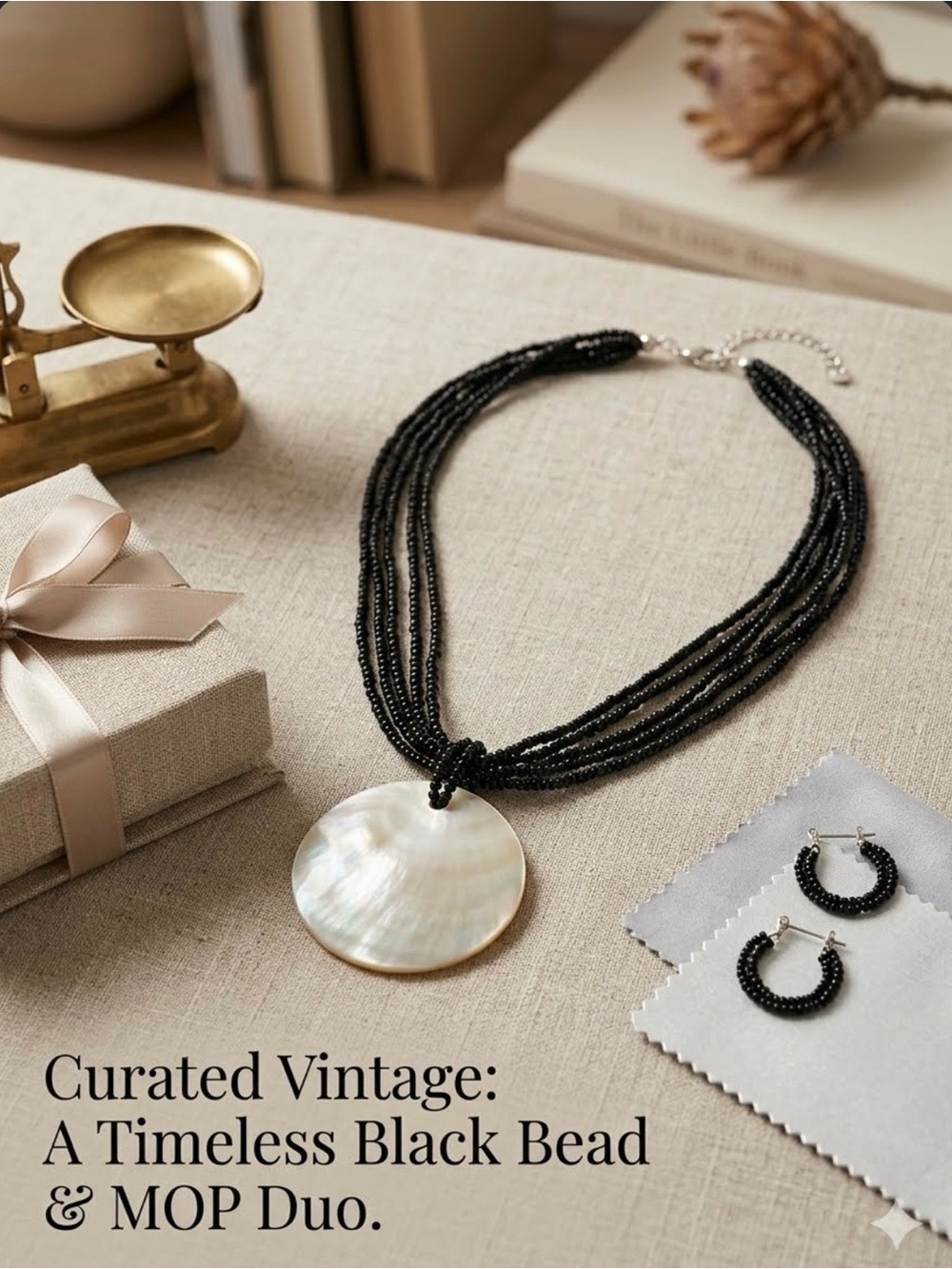 Vintage Black Beaded Multi-Strand Necklace with Mother of pearl pendant